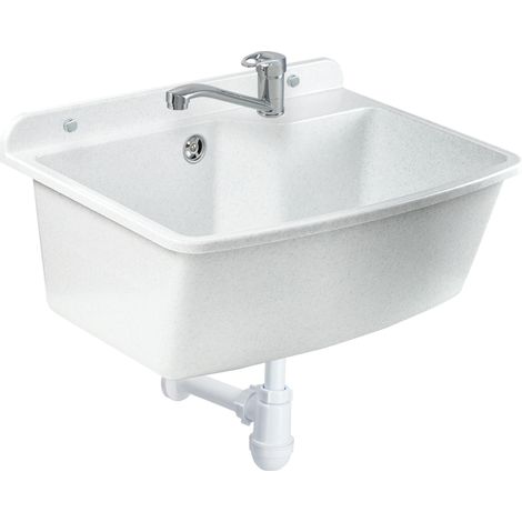 GOSPO Ausgussbecken mit stehende Armatur, Waschbecken 61 cm x 44 cm x 23,5 cm, Waschtrog mit Überlau (1/5)