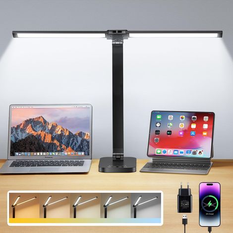 Led Lampe de bureau double tête, 10 niveaux de luminosité, 5 couleurs, avec prise d'alimentation, pliable et réglable, minuteur de 45 minutes (1/5)