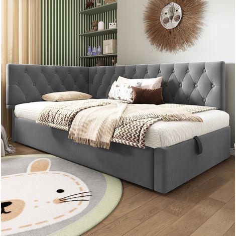 Lit rembourré 90x200 cm en velours gris, design en L, tête de lit réversible et coffre de rangement (1/5)