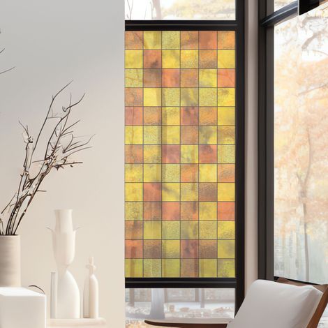 Stickers décoratifs électrostatique, petits carrés, jaune, géométrique, raccordable, effet vitrail, 150 cm X 67,5 cm (1/2)