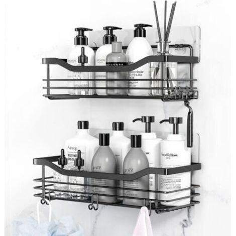 ALLIANDISÉtagère de douche, étagère de rangement, sans perçage, fixation murale, acier inoxydable, avec crochets, noir, lot de 2 (1/4)