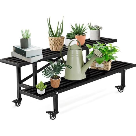 Étagère à Fleurs 2 Étages Métal roulettes Noir pour Intérieur et Extérieur Structure en X, très solide, facile montage, 200kg max, anti-eau/rouille, gain de place, balcon, terrasse, salon, jardin (1/5)