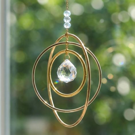 Lampadario a sospensione in cristallo con 3 anelli rotanti in ottone, effetto arcobaleno, ideale per soggiorno, balcone, giardino e come elegante decorazione per la stanza. (1/5)