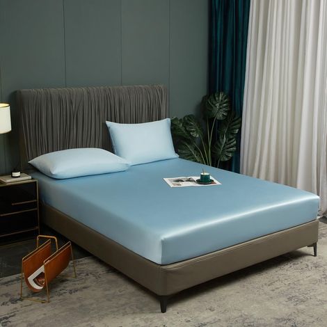 Drap Housse 140x200 Bleu Lyocell Bambou Bonnet 30 cm Unie Motif Drap de lit Tencel Soie Lisse Soyeux Brillant Adulte Uni Drap-Housse 140 x 200cm Respirant pour Matelas Épais (1/5)