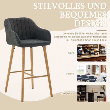 Tabourets de bar modernes style européen avec dossier et accoudoirs hauts,siège lin et pieds bois pour cuisine îlot espace à manger,lot de deux-Ha.