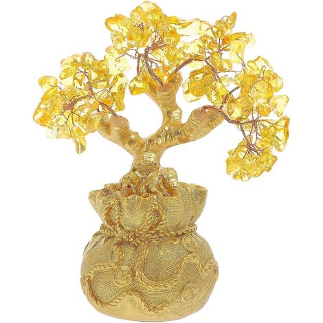 Arbre à argent en cristal naturel de 19 cm, ornement de style bonsaï, symbole de richesse et de chance selon le Feng Shui, décoration intérieure (jaune sans pièce d'or) (1/5)