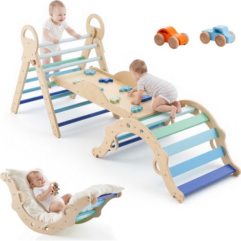 VEVOR Kletterdreieck, 9-in-1 Kletterspielzeug, mit Holzautos, Kissen, Kletterdreieck, Rutsche & Kletterbogen, bis 68 kg, Montessori Indoor Spielset für Kinder im Alter von 1 bis 3 Jahren, Blau (1/5)