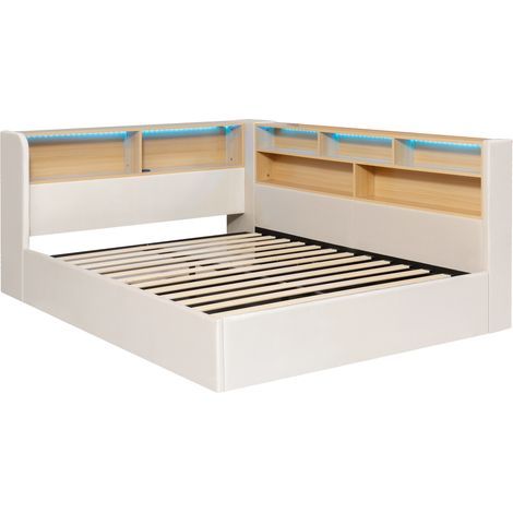 Letto giorno 140x200 cm con contenitore idraulico, velluto beige, LED, USB e Type-C (1/5)