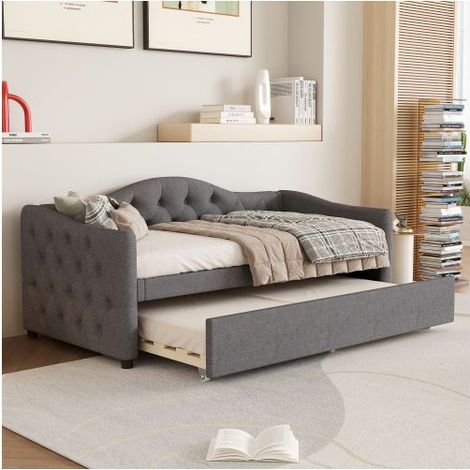 Lit gigogne banquette 90x200cm en Lin Gris Canapé Lit d'Appoint - lit gigogne - Design Minimaliste Gain de Place Qualité Durable (1/5)