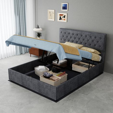 Cama tapizada de tela gris 140x200 cm con somier de láminas y espacio bajo la cama (1/5)