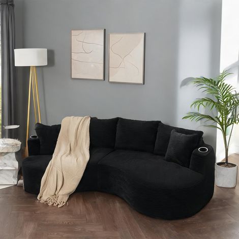 Canapé 3 places avec méridienne tissu velours côtelé noir design (1/5)