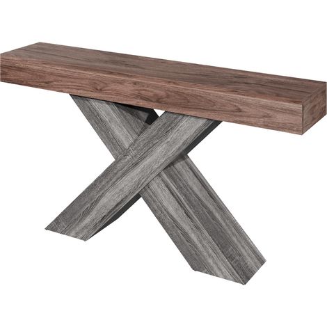 Console en panneaux de particules effet bois avec pieds en croix, table d'appoint étroite pour entrée et salon, couleur noyer (1/5)