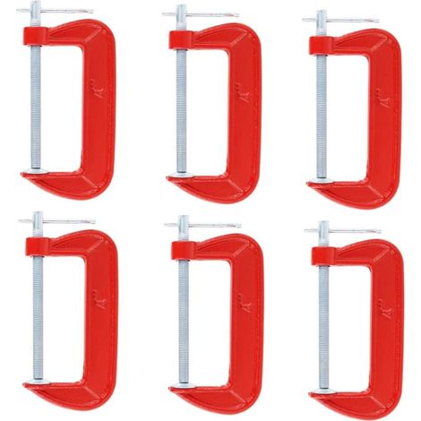 Jeu de 6 serre-joints en G légers rouges avec une ouverture de mâchoire de 10 cm, adaptés à la menuiserie, au soudage et à la réparation automobile. (1/4)