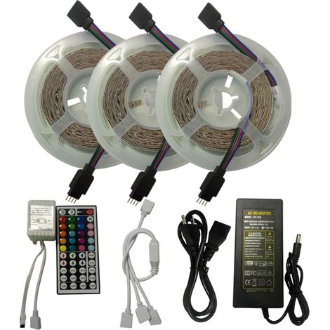 Bande lumineuse LED 3 rouleaux de 5 m avec télécommande 44 touches et adaptateur secteur. Guirlande lumineuse LED RGB à couleurs changeantes.