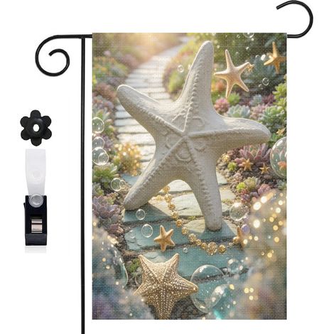 Drapeau de jardin bienvenue 30 x 45 cm motif étoile de mer et coquillages style conte marin toile double face (1/5)
