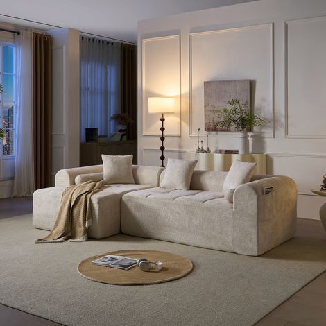 Beiges Ecksofa aus kuscheligem Chenille-Stoff 263 cm breit komprimiert & vakuumverpackt für einfache Lieferung (1/5)