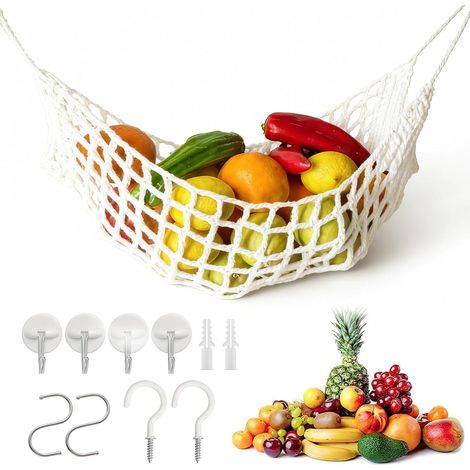 Hamac à Fruits Suspendu en Macramé, Filet à Fruits et Légumes Tissé à la Main avec 8 Crochets, Décoration de Cuisine Boho, Panier Suspendu Gain de Place sous Armoire pour Maison ou Camping-Car