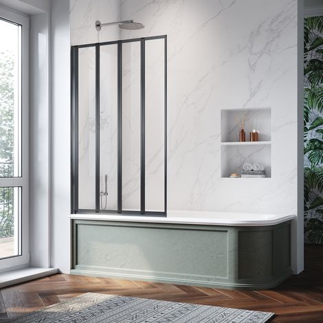 Matt Black 4 Fold Bath Screen 900x1400mm Tempered Glass Panel