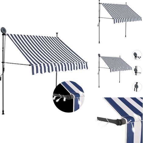 Einziehbare Markise Handbetrieben mit LED 200 cm Blau und Weiß - Markise - Sonnensegel - Gartensonnenblende - Outdoor-Decken - Terrassenüberdachung (1/5)