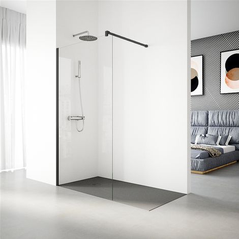 Mampara de Ducha Fija modelo SERIE 100 de 120x195 cm - Vidrio Templado, Antical, Transparente y Reversible de 1 Hoja de 6 mm - Panel de Ducha con Barra Estabilizadora y Perfil color Negro - REALSHOWER (1/5)