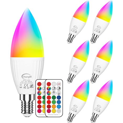 Ampoules LED E14 RGB, Ampoule LED en Forme de Bougie, 5 W (Remplace 40 W), Led Couleur Changement de Couleur Dimmable, Blanc Froid 5700 K, Avec Télécommande, Lot de 6 (1/5)