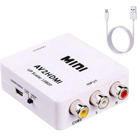 Convertisseur RCA vers HDMI, AV vers HDMI, mini adaptateur audio vidéo composite 1080p, compatible PAL/NTSC pour TV/PC/PS3/lecteur DVD Blu-ray, blanc (1/5)