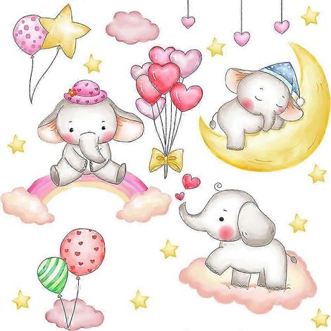 Sticker mural éléphants étoiles ballons arc-en-ciel nuages lune (1/5)
