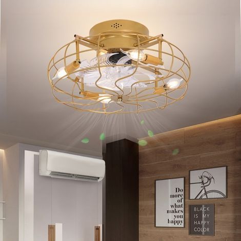 Ventilateur de plafond cage 50 cm avec éclairage, télécommande, moteur réversible, 3 températures de couleur, style industriel, Or (1/2)