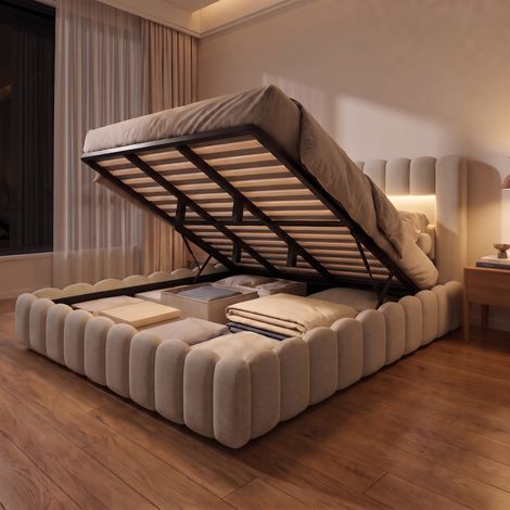 Lit coffre 180x200 cm avec sommier, lit double King Size avec éclairage LED et USB, lit adulte capitonné en lin, moderne, Beige