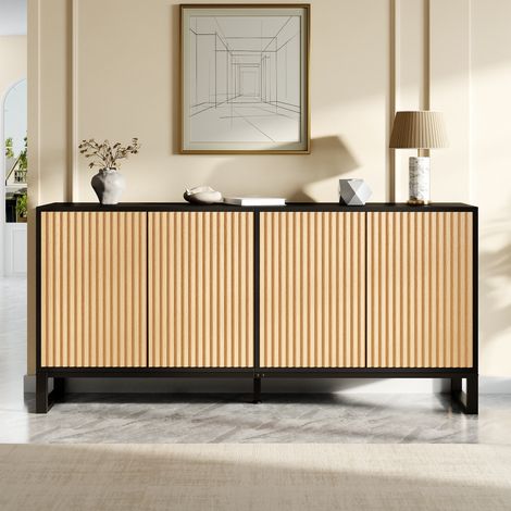 Sideboard schuhschrank - 160 x 40 x 75 cm - 4 geriffelte türen mit verstellbaren einlegeböden für flur und wohnzimmer - mdf holzwerkstoff moderner stil - natur und schwarz (1/5)
