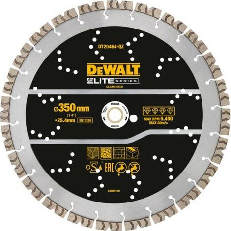 Lama de taglio de diamante DeWALT Elite 350 mm All Purpose, universale uso in edilizia, per il taglio de cemento, pietra, mattoni e materiali abrasivi, alta durata.