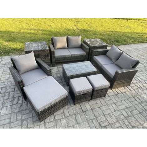 Fimous Rattan Garden Furniture Set 8 Seater Patio Outdoor Lounge Sofa Chair Set with Rectangular Coffee Table 3 Footstools 2 Side Tables Dark Grey Mixed (1/5)