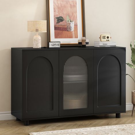 Elegantes und schlichtes U-förmiges Sideboard in schwarz mit Glastür und Rebounder-Design für Küche, Wohnzimmer und Esszimmer.