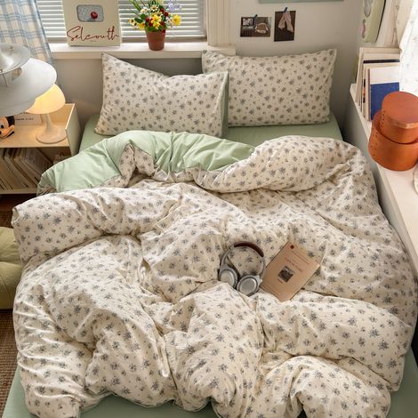 Parure de Lit 4 Pièces en Coton Lavé Doux Qualité A, Housse de Couette 180x220 cm avec Drap-Housse et Drap Plat pour Lit 180cm, Ensemble Literie Élégant et Respirant pour Étudiants-lsw