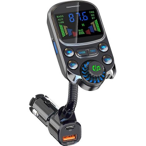 Kit d'accessoires Bluetooth pour voiture, prise allume-cigare, transmetteur FM mains libres, interface audio AUX, lecteur MP3 sans fil, compatible avec la charge rapide PD et QC3.0. (1/5)