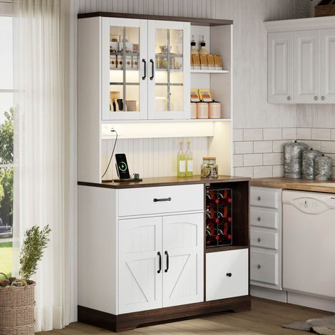 DESMIU Buffet de Cuisine Haut Armoire de Rangement avec 2 Portes 2 Tiroirs LED APP Prises pour Cuisine (1/5)