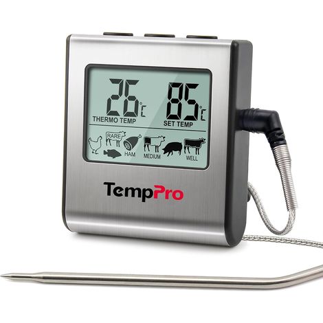 TempPro TP16 Thermomètre à Viande numérique avec sonde en Acier Inoxydable Pour liquides, four, fumoir, barbecue, confiserie, huile et friture, avec alarme et minuteur (1/5)