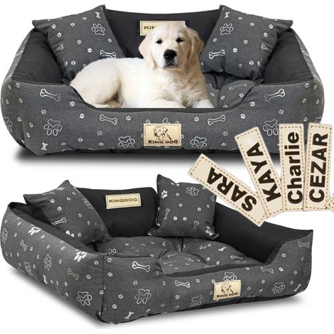 Cama para perros KINGDOG de 75x65 cm, personalizada, impermeable, con diseño de huesos plateados.
