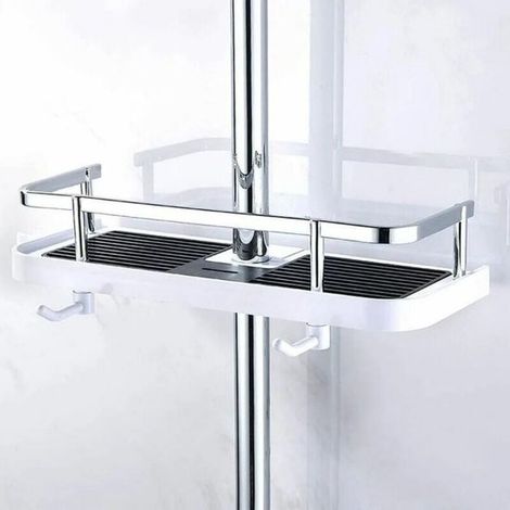 Soporte para barra de ducha, dos ganchos y cesta multifuncional para la ducha, Apto para barras de ducha de 21-25 mm, 29,4 x 11,7 cm (1/4)