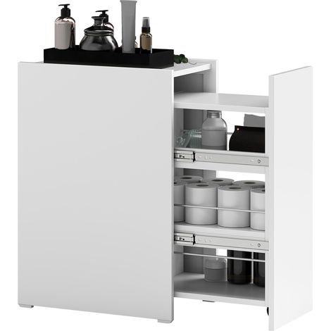 Meuble de salle de bain étroit avec tiroir et roulettes, organisateur autoportant à 3 compartiments, 47 x 30 x 66,5 cm, blanc (1/5)