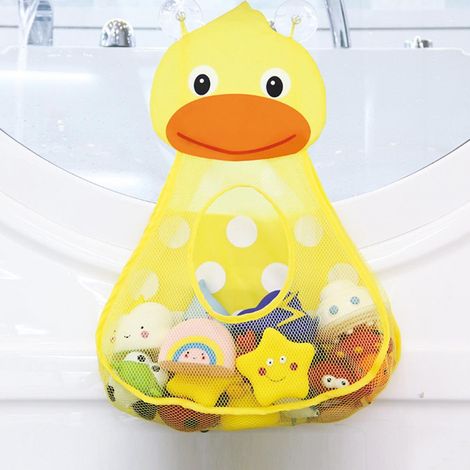 Sac de rangement jouets bain enfant bébé forme canard en polyester jaune séchage rapide avec 2 ventouses puissantes (1/2)