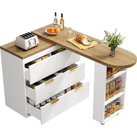 Table de bar haute avec 6 tiroirs, buffet de cuisine avec dispositif anti-basculement, table multifonction pivotante à 360° comme table à manger, bar à domicile ou bureau à domicile pour salon, cuisin