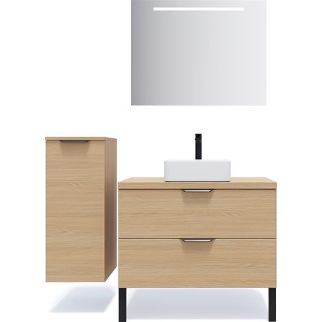 Meuble de salle de bain suspendu vasque à poser 90cm 2 tiroirs Chêne clair + miroir + colonne ouverture gauche - Venice (1/5)