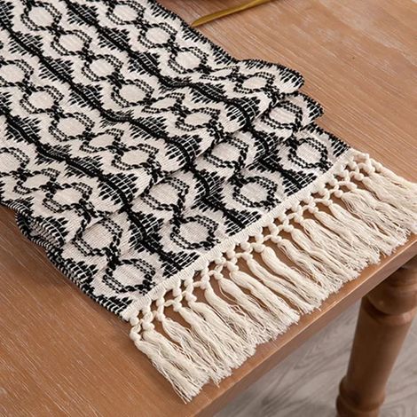 Chemin de table en lin et coton, 33 x 180 cm, nappe à longues rayures assorties avec pompons, chemin de table pour table à manger, chambre (1/5)
