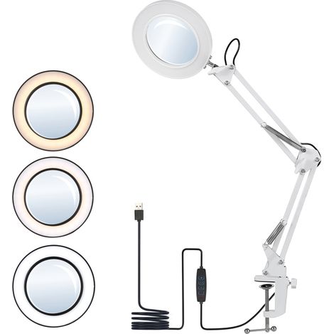 Lampe de table flexible à pince avec loupe x8, bras articulé, LED intensité variable, 3 modes couleur, 10 niveaux luminosité (1/5)
