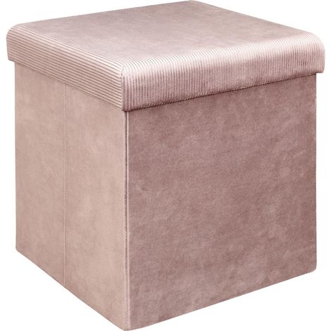 Coffre pouf pliable velours cotele rose 38x38x38 cm