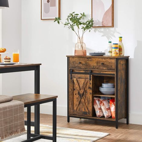 Vasagle – Buffet industriel marron rustique et noir – Porte coulissante imitation grange – 70 x 30 x 80 cm – Rangement avec étagères réglables