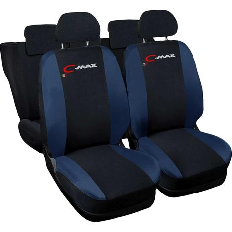 Lupex shop - Coprisedili Auto Compatibili per C-Max, Made In Italy, set anteriori e posteriori, copri poggiatesta incluso, tessuto poliestere, Nero - Blu Scuro (1/4)