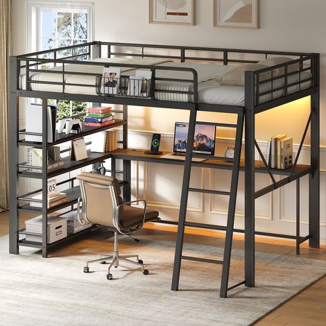 Letto a soppalco 140x200 cm con scrivania integrata, ripiani portaoggetti, metallo e MDF nero (1/5)