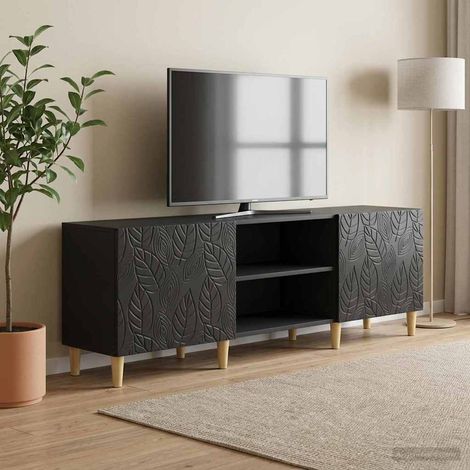 Meuble TV 150 x 31 x 50 cm noir, bois d’ingénierie, 2 portes et 1 étagère, style vintage - PANGIVO (1/5)